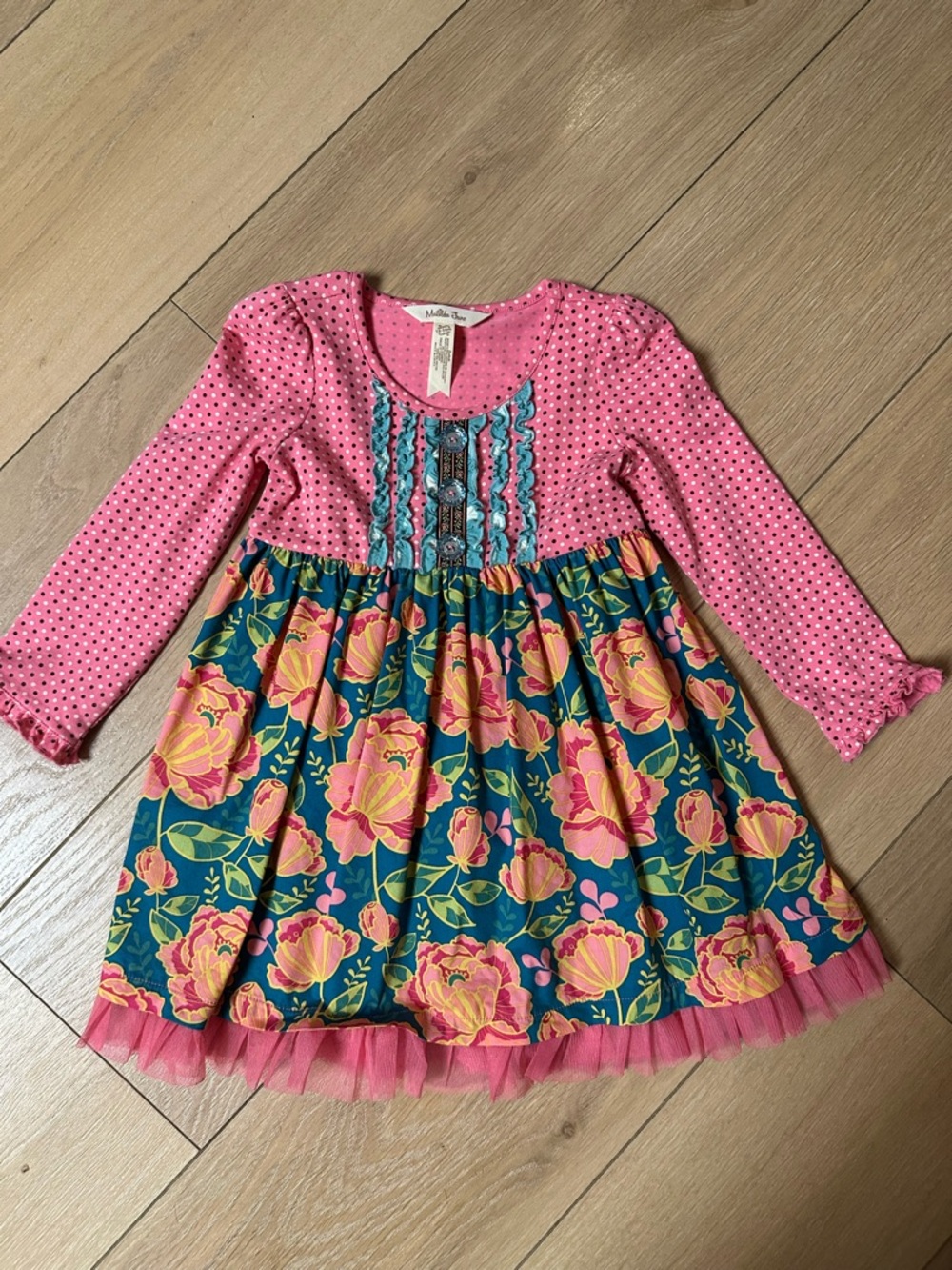Matilda Jane Pink & Teal Floral Long-Sleeve Girls Dress